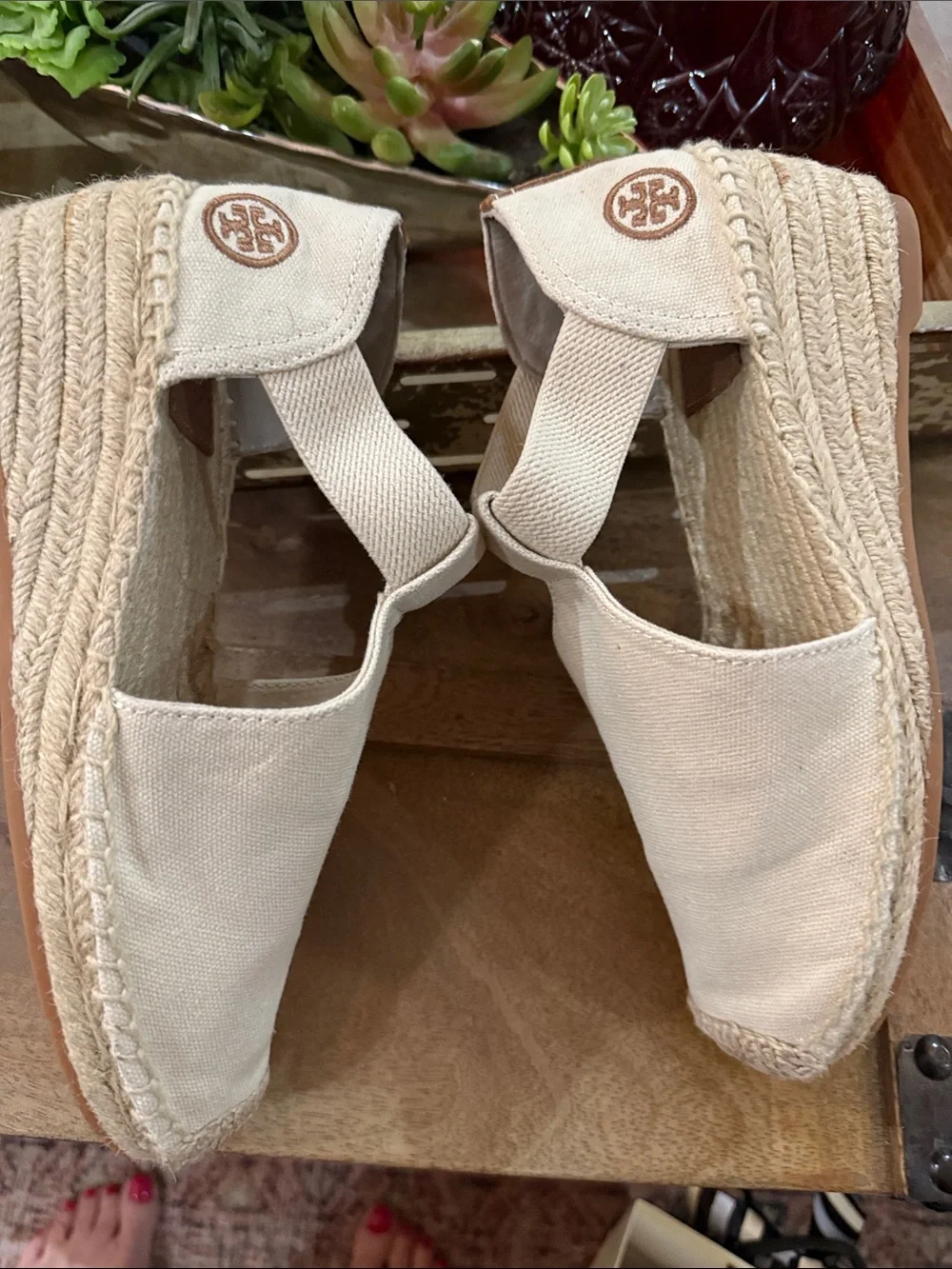 Tory Burch Cream Canvas Espadrille Wedge Sandals